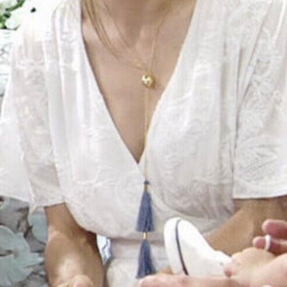 Gorjana Carmen Tassel Adjustable Lariat Necklace in Mixed Powder Blue Gold Tone - Picture 2 of 8